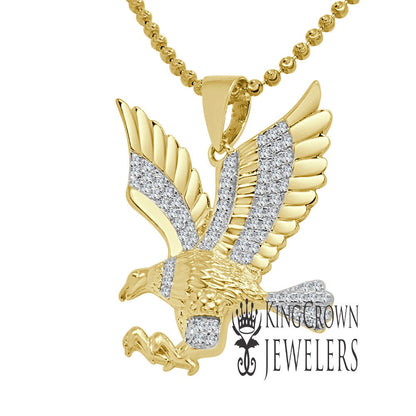 Real Yellow Gold Sterling Silver Lab Diamond American Flying Eagle Mens Pave Charm +Chain