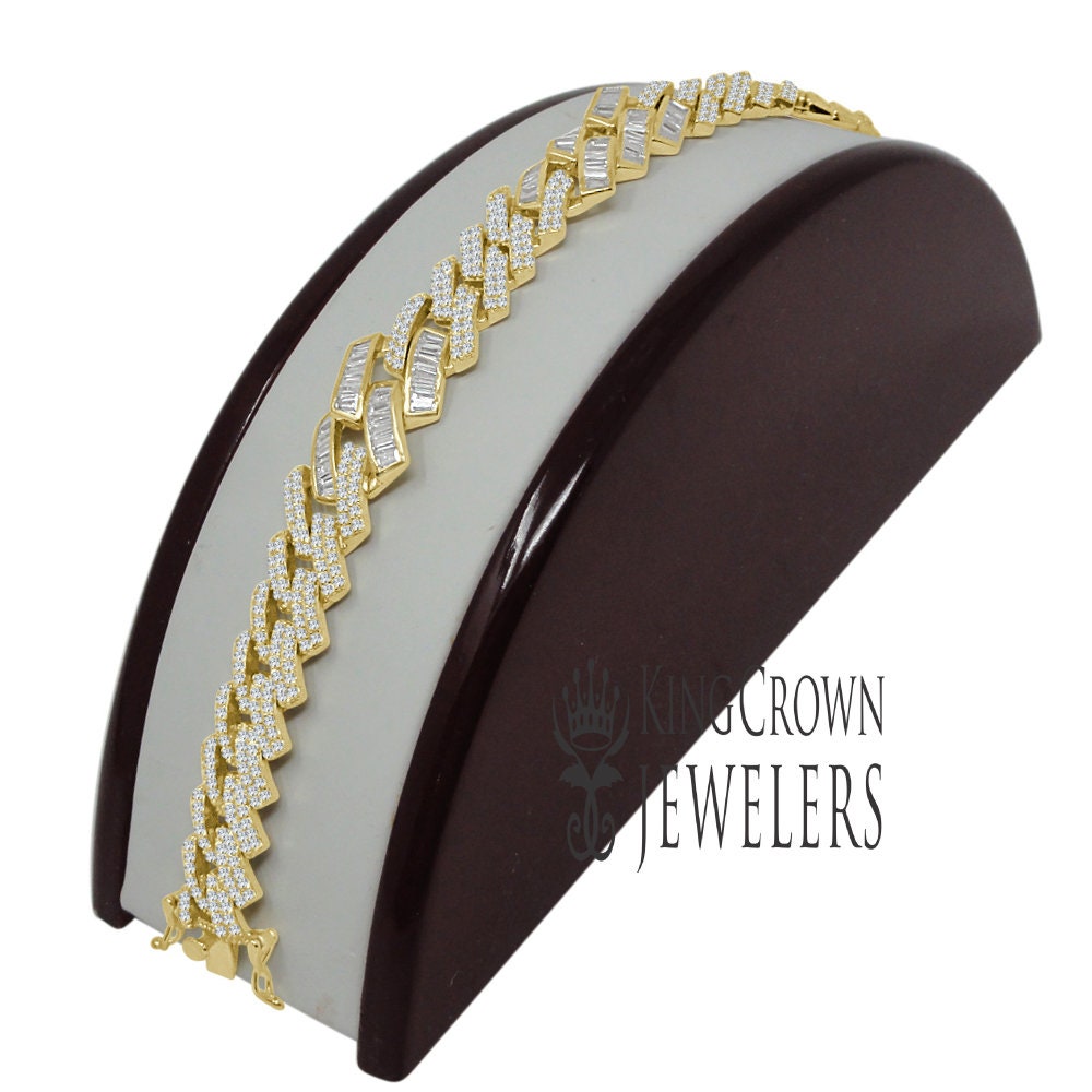 Mens Genuine Yellow Gold Sterling Silver Baguette/Round Cut Simulated Diamond Miami Cuban Link Bracelet 8.5''