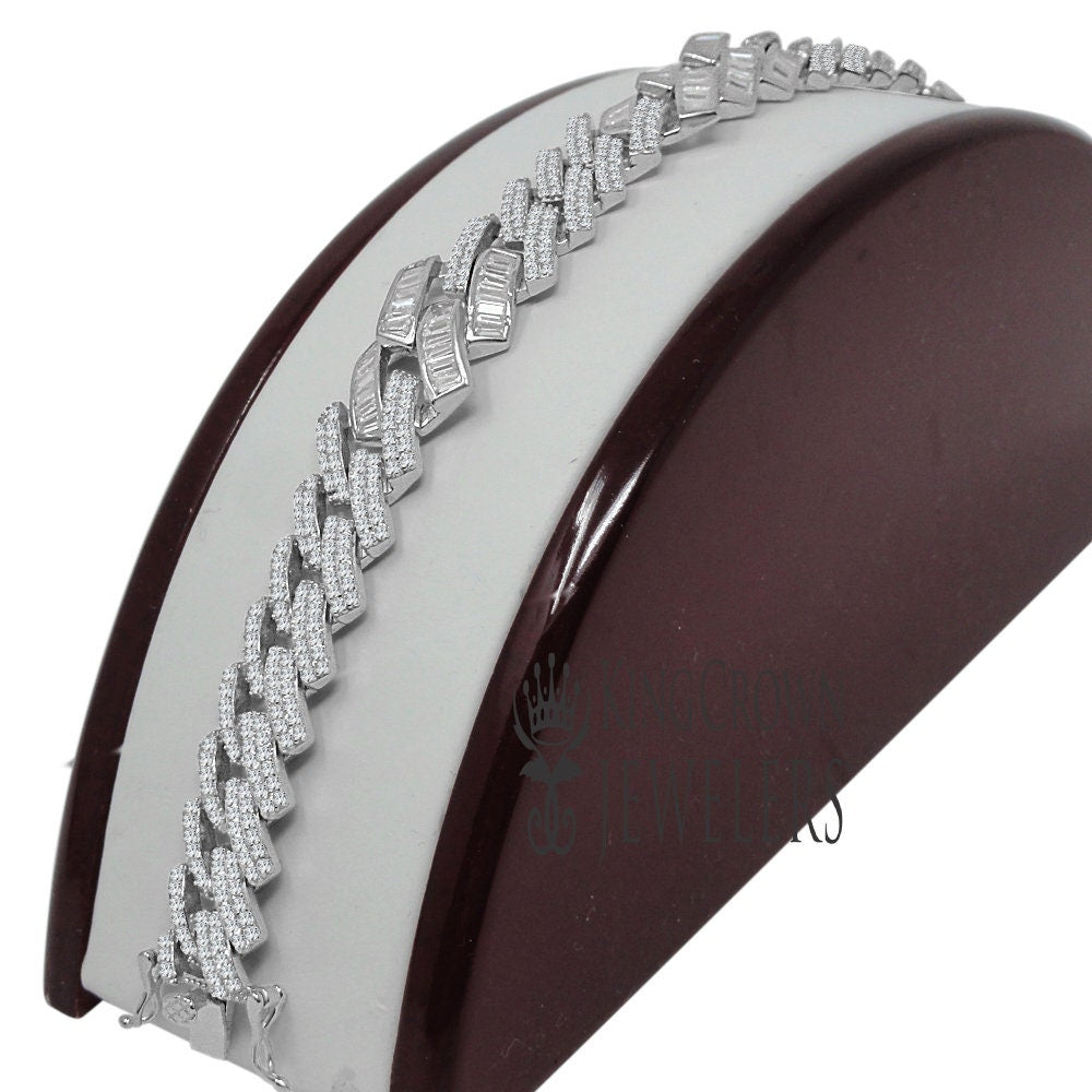 Mens Genuine White Gold Sterling Silver Baguette/Round Cut Simulated Diamond Miami Cuban Link Bracelet 8.5''