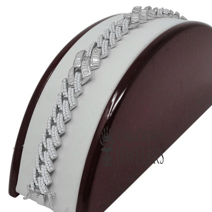 Mens Genuine White Gold Sterling Silver Baguette/Round Cut Simulated Diamond Miami Cuban Link Bracelet 8.5''
