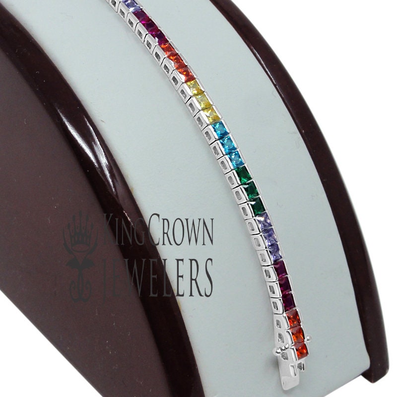 Real Sterling Silver Multi Rainbow 14K White Gold  Finish Baguette 1 Row Tennis Link Bracelet 7''