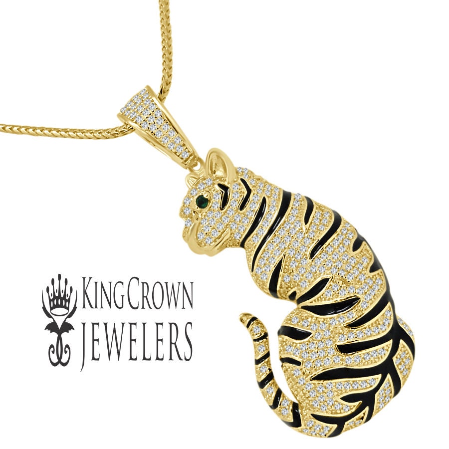 Real Genuine Sterling Silver 14k Yellow Gold Over Simulated Diamond Lion King Full Body Tiger Leopard Men's Pendant Charm Chain Neckless Set