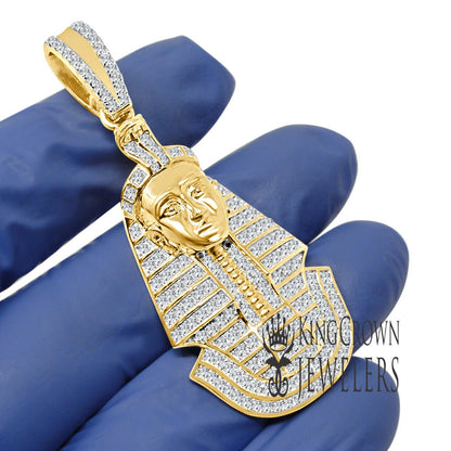 23 + Grams Real Sterling Silver 14K Gold Over Simulated Diamond Egyptian King Tut Pharaoh Mummy Pendant Charm 2.55'' + Free Chain