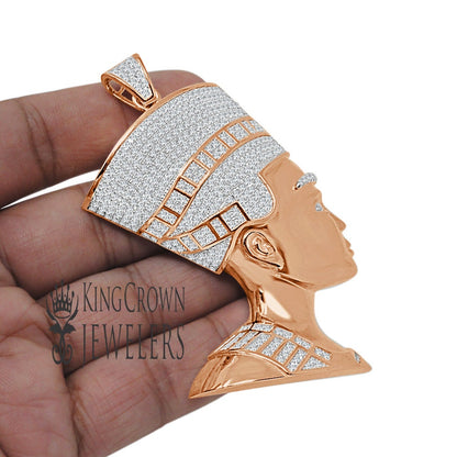 10K Rose Gold On Real Sterling Silver Egyptian Queen Pharaoh Nefertiti Lab Diamond Pendant Big XL 3.5''