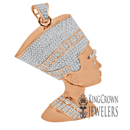 10K Rose Gold On Real Sterling Silver Egyptian Queen Pharaoh Nefertiti Lab Diamond Pendant Big XL 3.5''