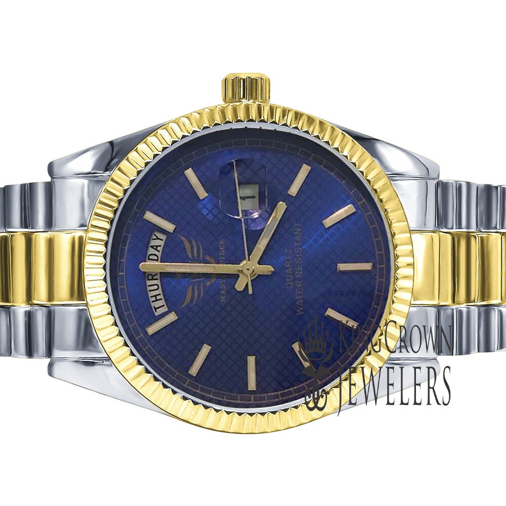 Mens 2 Tone Gold Blue Sapphire Dial Face Metal Band Day/Date Presidential Watch 45mm