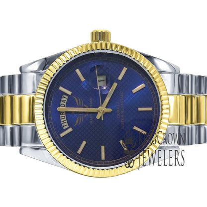 Mens 2 Tone Gold Blue Sapphire Dial Face Metal Band Day/Date Presidential Watch 45mm