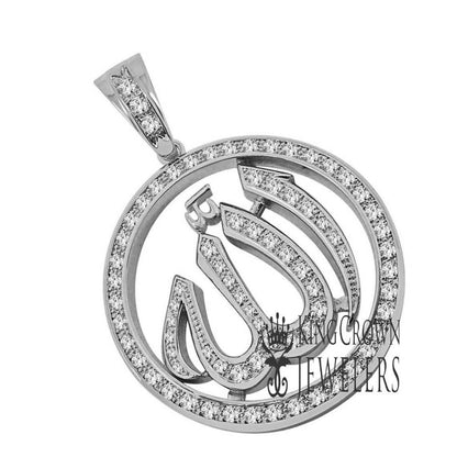 XL 2.5'' Real Genuine White Gold Sterling Silver Allah God Muslim Medallion Simulated Diamond Pendent Charm