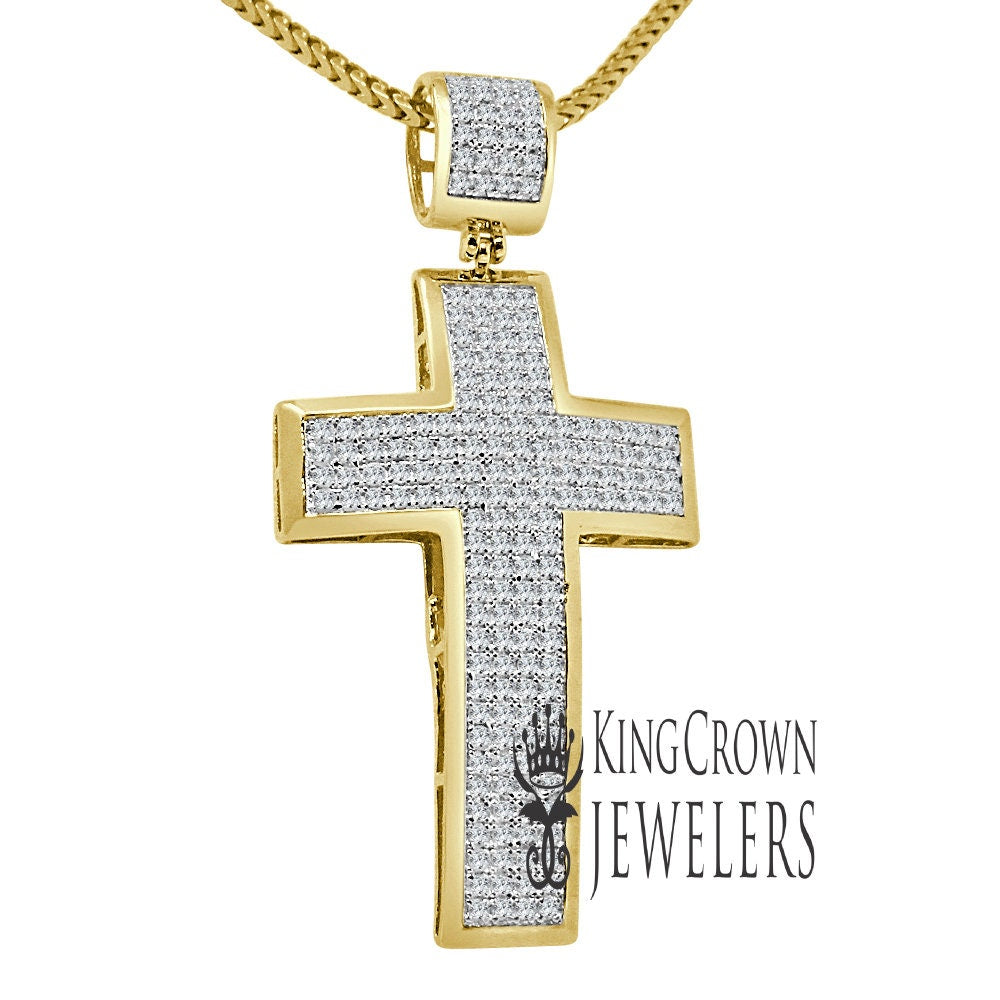 Real Genuine Diamond 0.95 Ctw Jesus Christ Holy Cross Charm 10K Gold Finish Pendent 2''