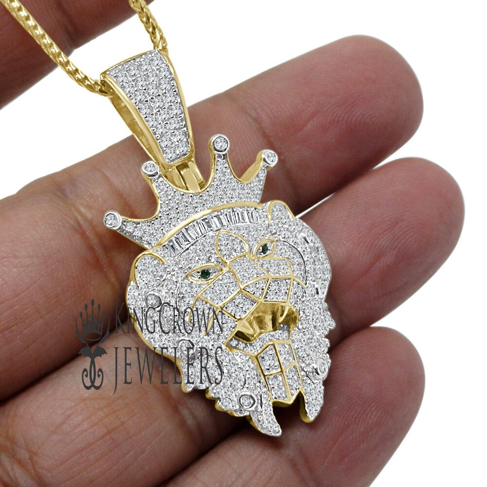 Real Genuine Sterling Silver 2.25 Cwt. Simulated Diamond 14K Gold Over Lion Crown Head Green Emerald Eye Pendant Charm Chain Neckless Set