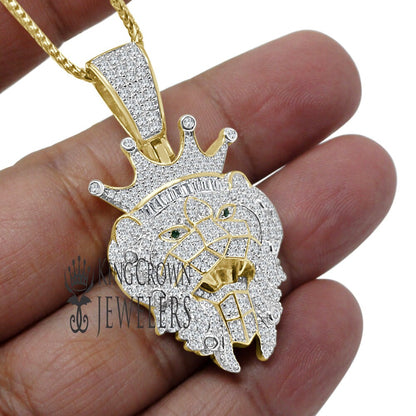 Real Genuine Sterling Silver 2.25 Cwt. Simulated Diamond 14K Gold Over Lion Crown Head Green Emerald Eye Pendant Charm Chain Neckless Set