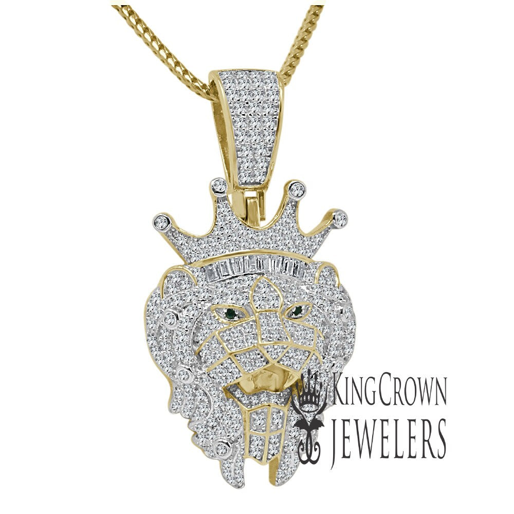 Real Genuine Sterling Silver 2.25 Cwt. Simulated Diamond 14K Gold Over Lion Crown Head Green Emerald Eye Pendant Charm Chain Neckless Set
