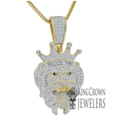 Real Genuine Sterling Silver 2.25 Cwt. Simulated Diamond 14K Gold Over Lion Crown Head Green Emerald Eye Pendant Charm Chain Neckless Set