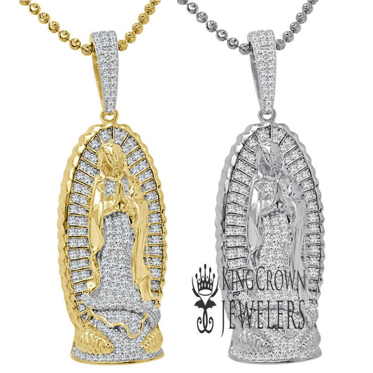 Real Sterling Silver Lady Of Guadalupe Mother Mary Simulated Diamond Pendant Charm + Chain