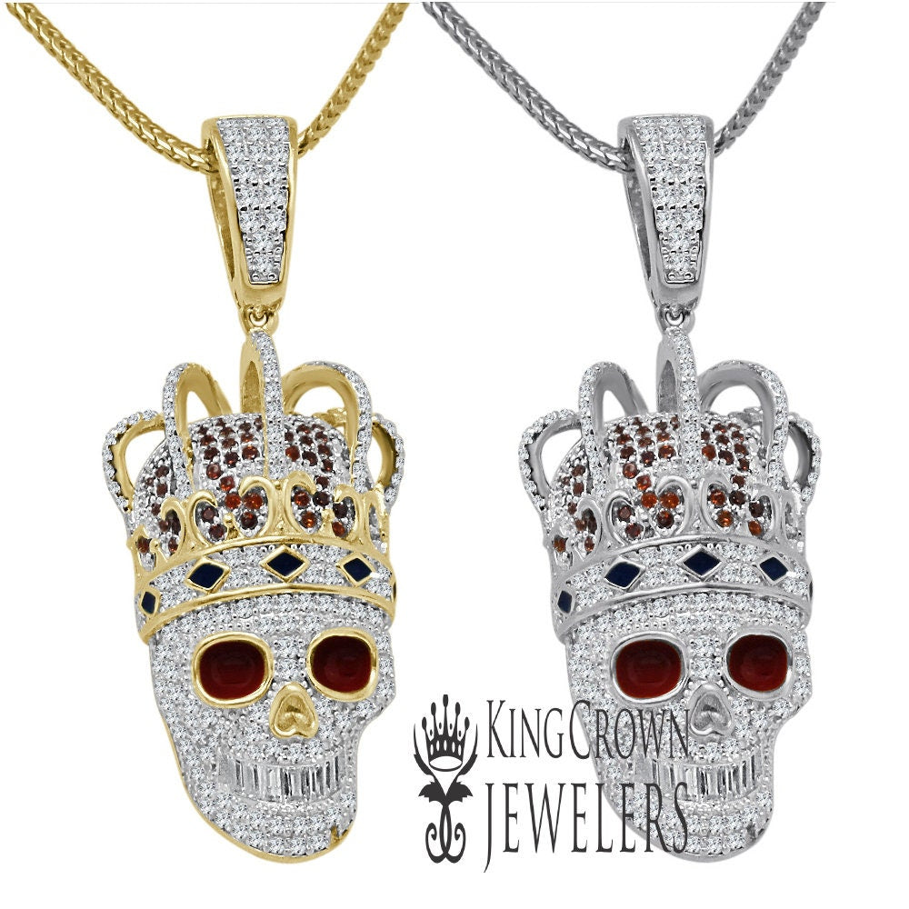 10K Gold On Real Sterling Silver Multi Tone Smiling Skull Crown Head Simulated Diamond Pendant Mens Pave Charm Chain Set