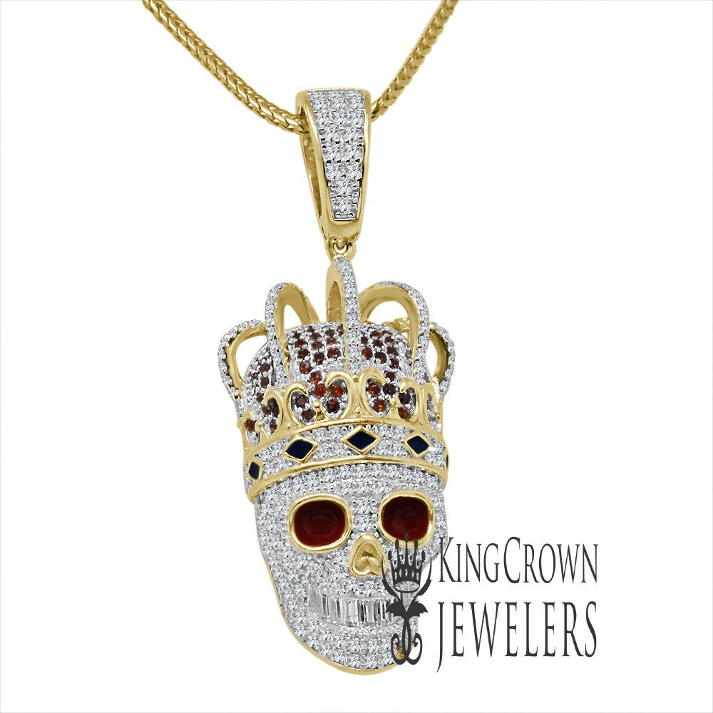 10K Gold On Real Sterling Silver Multi Tone Smiling Skull Crown Head Simulated Diamond Pendant Mens Pave Charm Chain Set