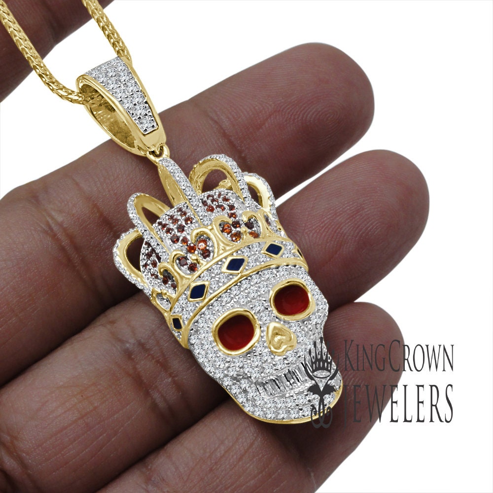 10K Gold On Real Sterling Silver Multi Tone Smiling Skull Crown Head Simulated Diamond Pendant Mens Pave Charm Chain Set