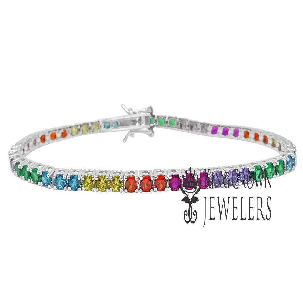 Real Sterling Silver Multi Rainbow Tone White Gold Finish Round Cut Lab Diamond 1 Row Tennis Bracelet 7''