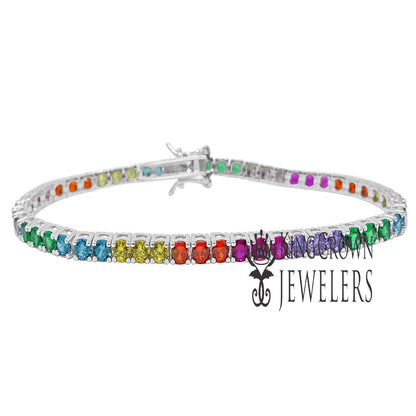 Real Sterling Silver Multi Rainbow Tone White Gold Finish Round Cut Lab Diamond 1 Row Tennis Bracelet 7''