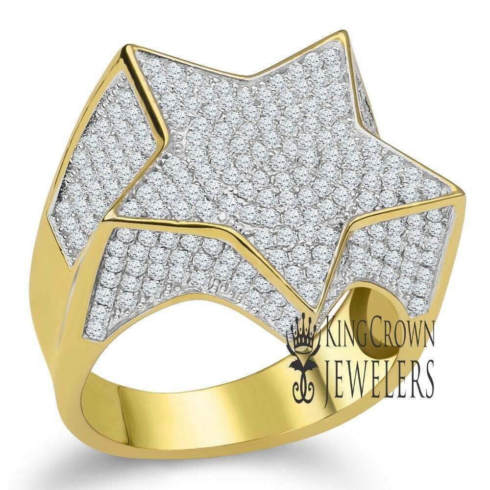 Mens 14K Yellow Gold On Real Sterling Silver Simulated Diamonds Star Shape Simulated Diamond Ring Pave Band