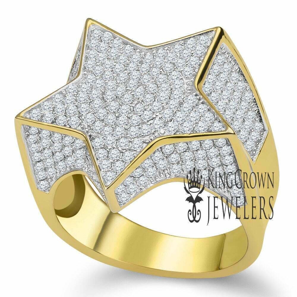 Mens 14K Yellow Gold On Real Sterling Silver Simulated Diamonds Star Shape Simulated Diamond Ring Pave Band