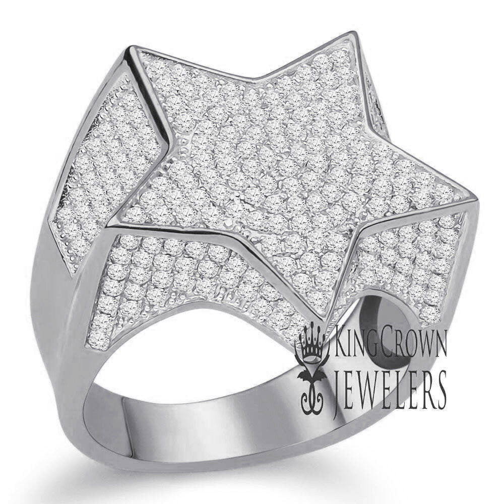 Mens 14K White Gold On Real Sterling Silver Simulated Diamonds Star Shape Simulated Diamond Ring Pave Band