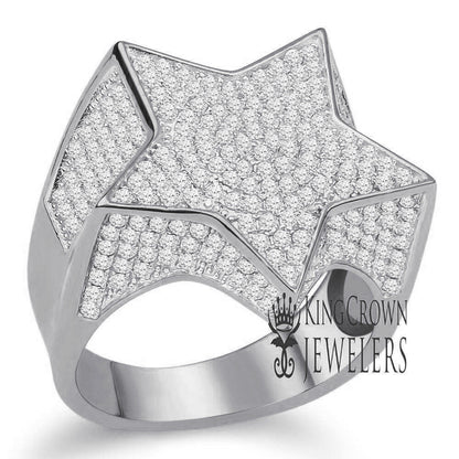 Mens 14K White Gold On Real Sterling Silver Simulated Diamonds Star Shape Simulated Diamond Ring Pave Band