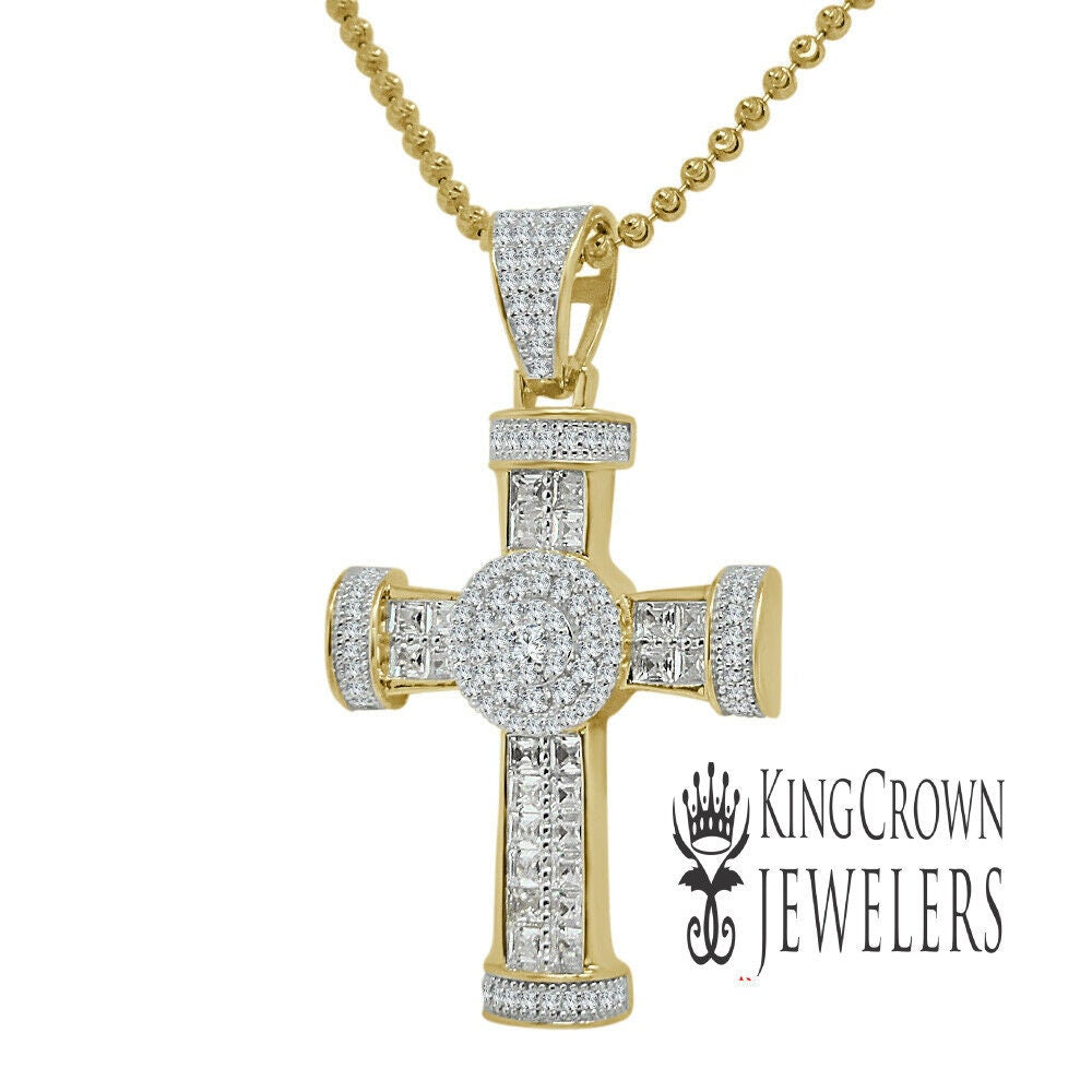 Baguette Genuine Real Yellow Gold Sterling Silver Simulated Diamond Jesus Cross Pendant Charm Chain Set