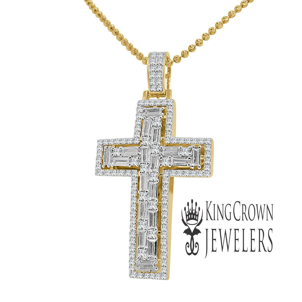 Real Yellow Gold Sterling Silver Baguette/Round Cut Simulated Diamond Jesus Cross Pendant Charm Chain Set