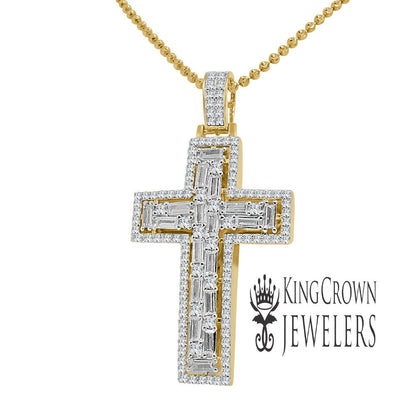 Real Yellow Gold Sterling Silver Baguette/Round Cut Simulated Diamond Jesus Cross Pendant Charm Chain Set