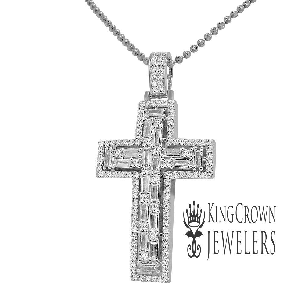 Real White Gold On Pure Sterling Silver Baguette/Round Cut Simulated Diamond Jesus Cross Pendant Charm Chain Set