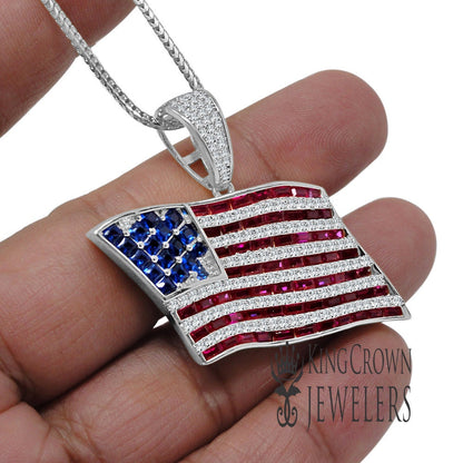 10K White Gold On Real Genuine Sterling Silver Multi Tone Lab Diamond USA American Flag Pendant Charm Chain