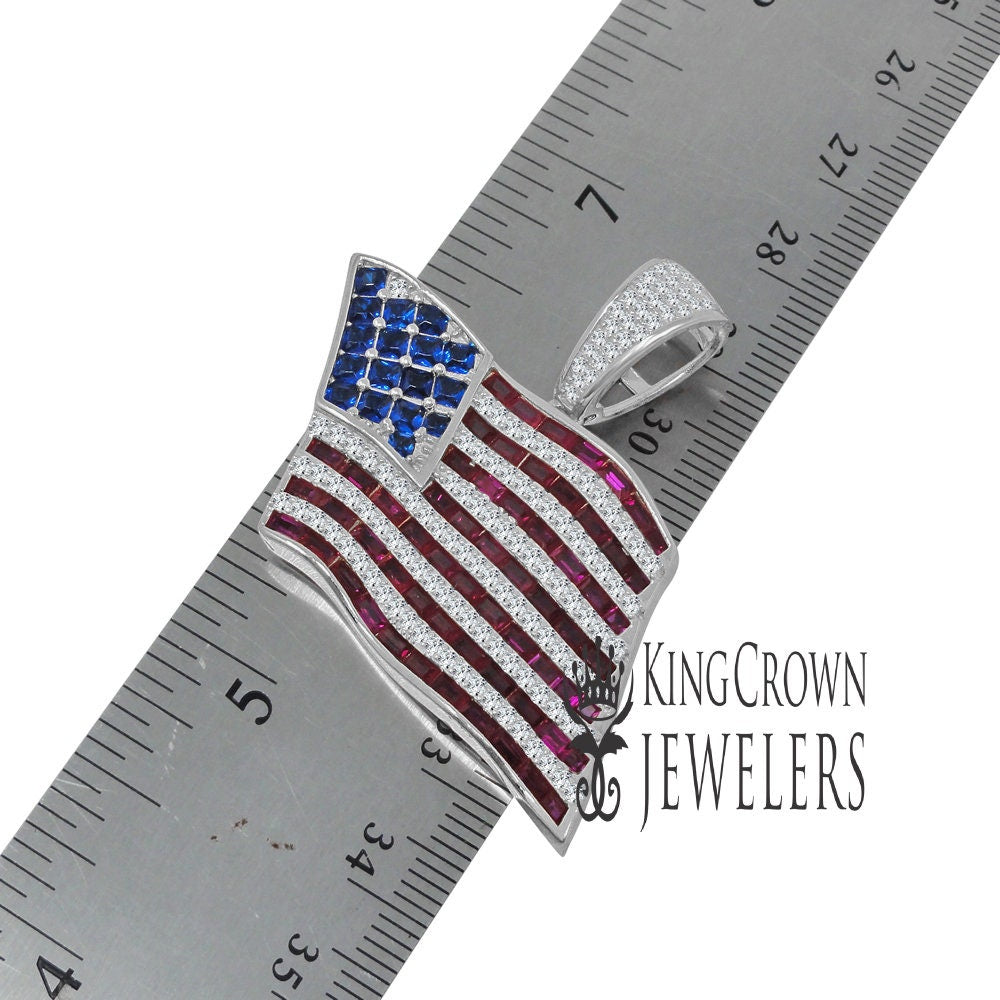 10K White Gold On Real Genuine Sterling Silver Multi Tone Lab Diamond USA American Flag Pendant Charm Chain