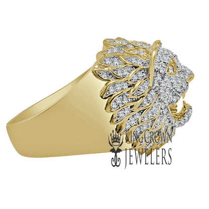Mens 10K Real Yellow Gold On Pure Italian Sterling  Silver Lab Diamond Lion King Head Ring Band