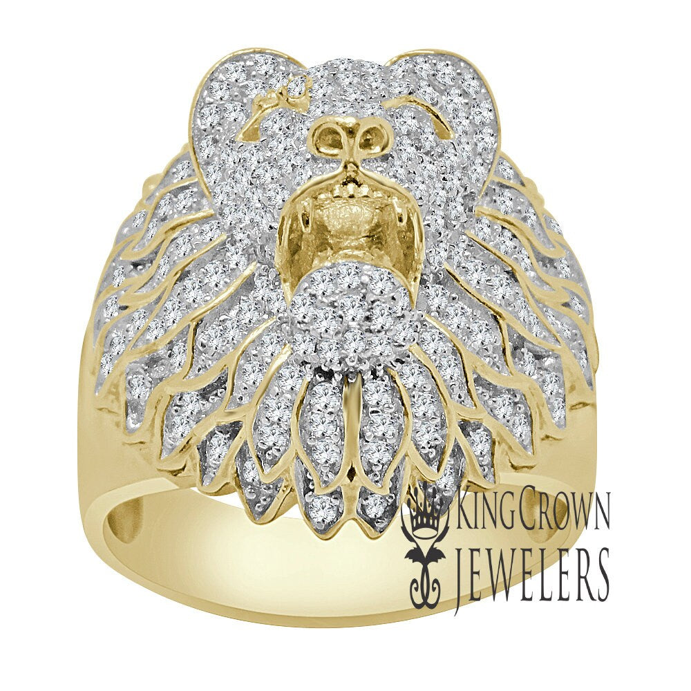Mens 10K Real Yellow Gold On Pure Italian Sterling  Silver Lab Diamond Lion King Head Ring Band