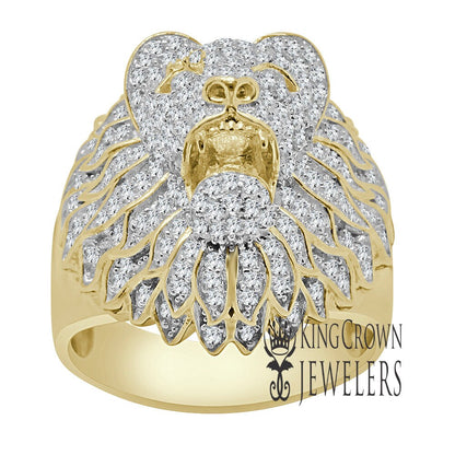 Mens 10K Real Yellow Gold On Pure Italian Sterling  Silver Lab Diamond Lion King Head Ring Band