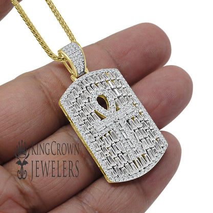 Real Genuine Sterling Silver 2.00 Ct. Baguette Round Cut Simulated Diamond 14K Gold Over Egyptian Ankh Cross Dog Tag Charm Pendant Chain Set