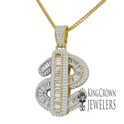 Baguette Genuine Simulated Diamond Real Sterling Silver Dollar Sign Money Cash Charm Diamond Pendent + Chain