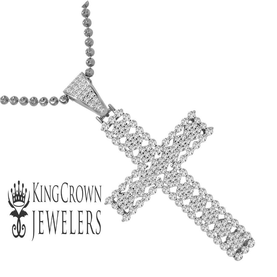 10K White Gold On Real Genuine Italian Silver Simulated Diamond Jesus Cross Pendant Charm + Chain