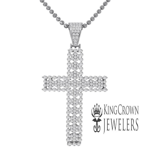10K White Gold On Real Genuine Italian Silver Simulated Diamond Jesus Cross Pendant Charm + Chain