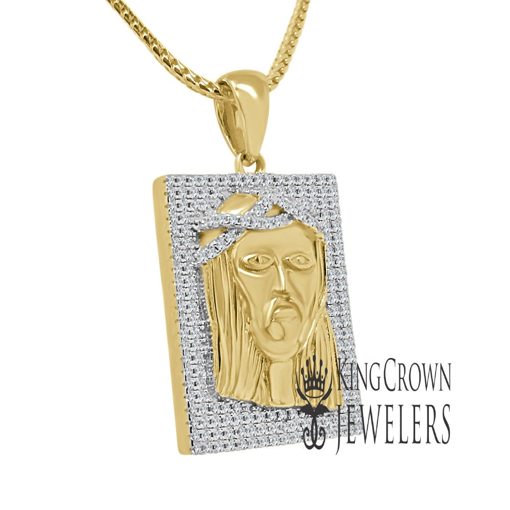 Genuine Sterling Silver Jesus Face Piece Frame Style Pendent Simulated Diamond Charm Chain Set