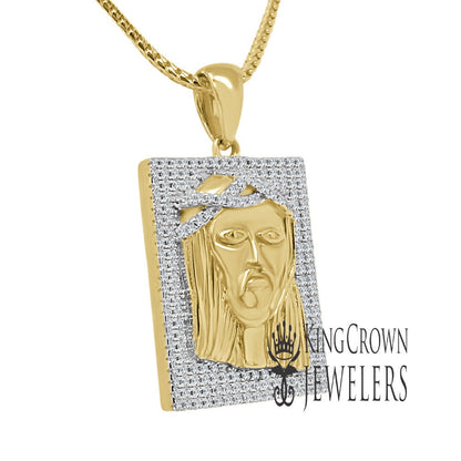 Genuine Sterling Silver Jesus Face Piece Frame Style Pendent Simulated Diamond Charm Chain Set