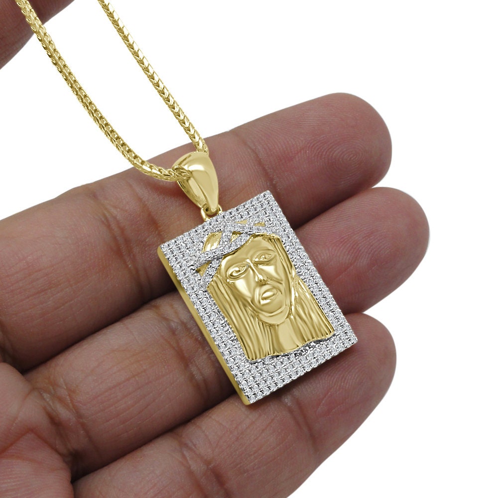 Genuine Sterling Silver Jesus Face Piece Frame Style Pendent Simulated Diamond Charm Chain Set