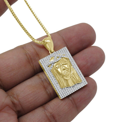 Genuine Sterling Silver Jesus Face Piece Frame Style Pendent Simulated Diamond Charm Chain Set