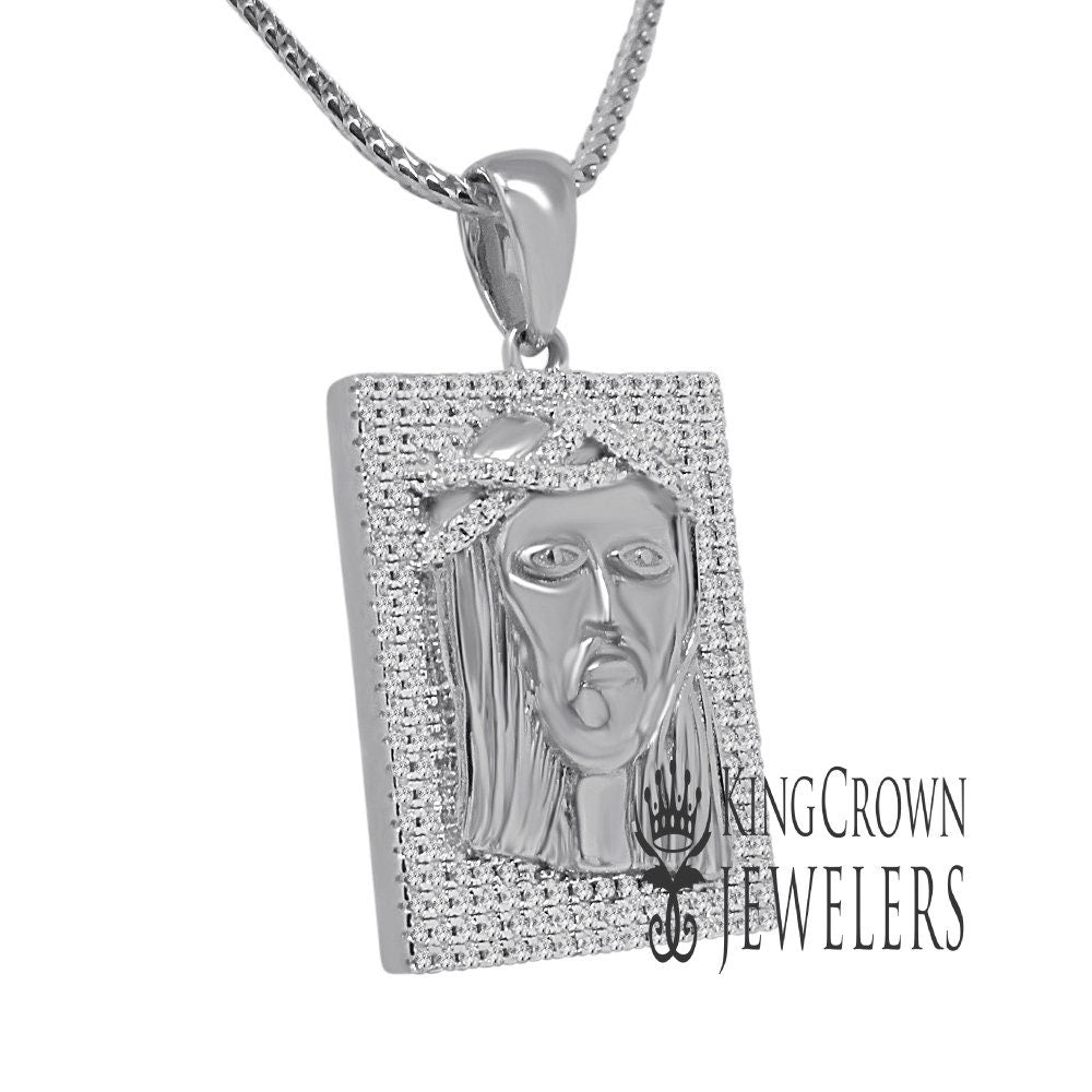 Genuine White Sterling Silver Jesus Face Piece Frame Style Pendent Simulated Diamond Charm Chain Set