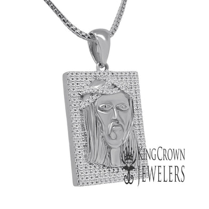 Genuine White Sterling Silver Jesus Face Piece Frame Style Pendent Simulated Diamond Charm Chain Set