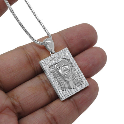 Genuine White Sterling Silver Jesus Face Piece Frame Style Pendent Simulated Diamond Charm Chain Set