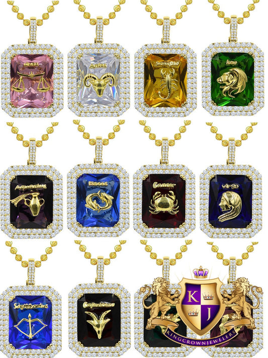 14K Yellow Gold Finish Lucky Zodiac Sign Birthstone Astrology 2.00 Cwt. Simulated Diamond Good Luck Unisex Pendant Charm Chain Necklace  Set