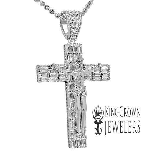 14K White Gold On Real Sterling Silver Baguette/Round Cut Diamonds Jesus Crucifix Cross Charm Pendant Chain Set