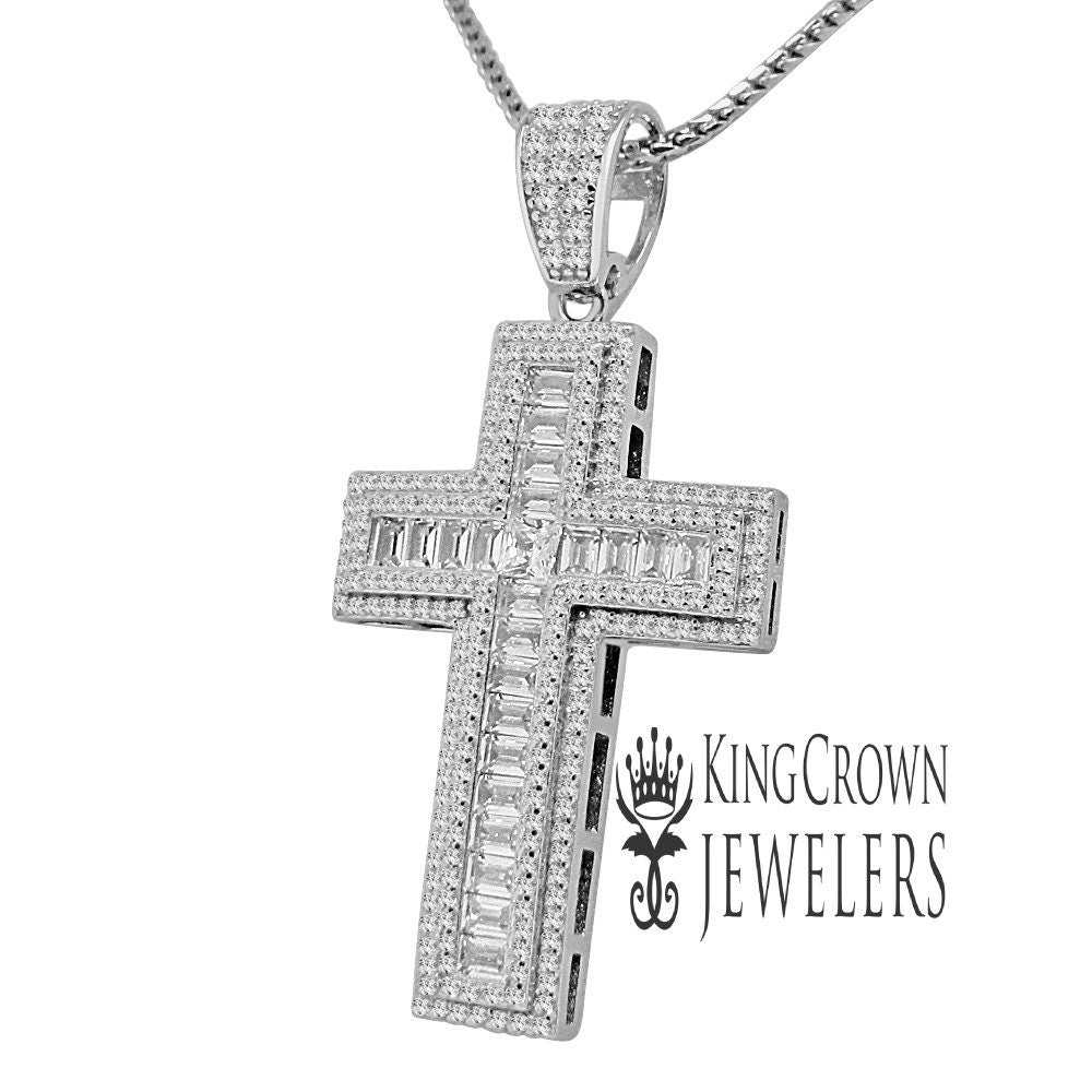 Baguette Simulated Diamond Holy Cross Religious God Real White Gold Silver Pendant Charm + Chain 2''